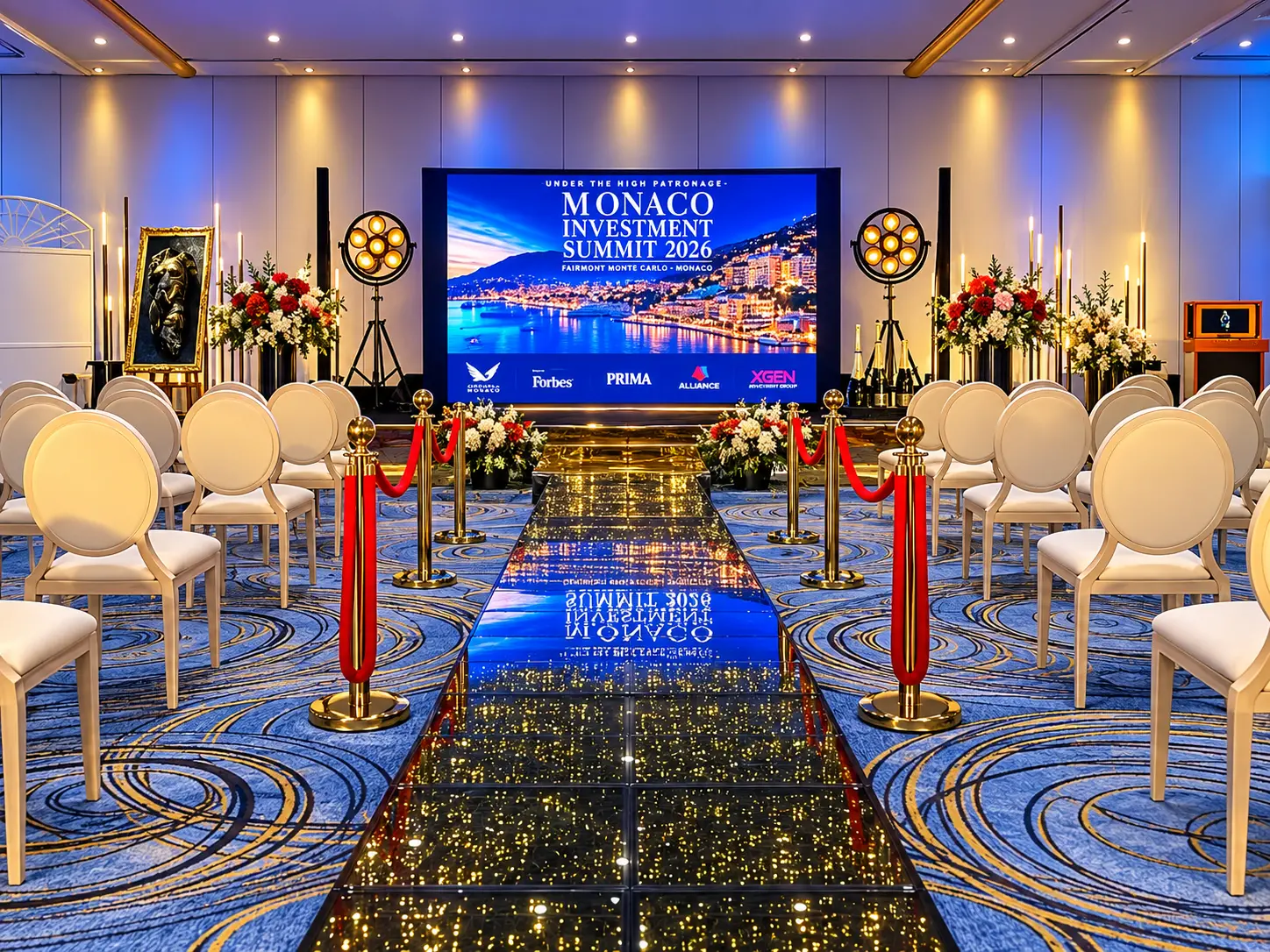 Summit main stage with the Monaco Investment Summit 2026 screen