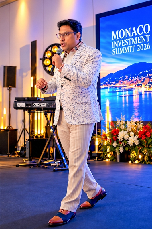 Speaker on stage in front of the Monaco Investment Summit 2026 screen