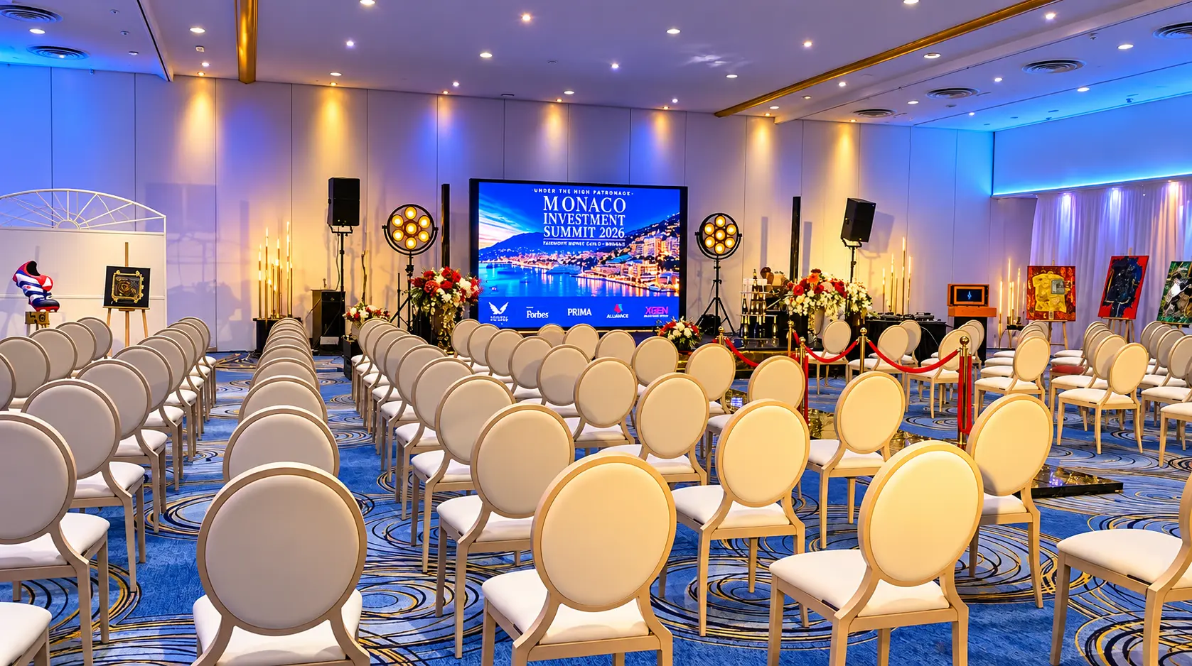 Summit conference room prepared for the Monaco Investment Summit 2026